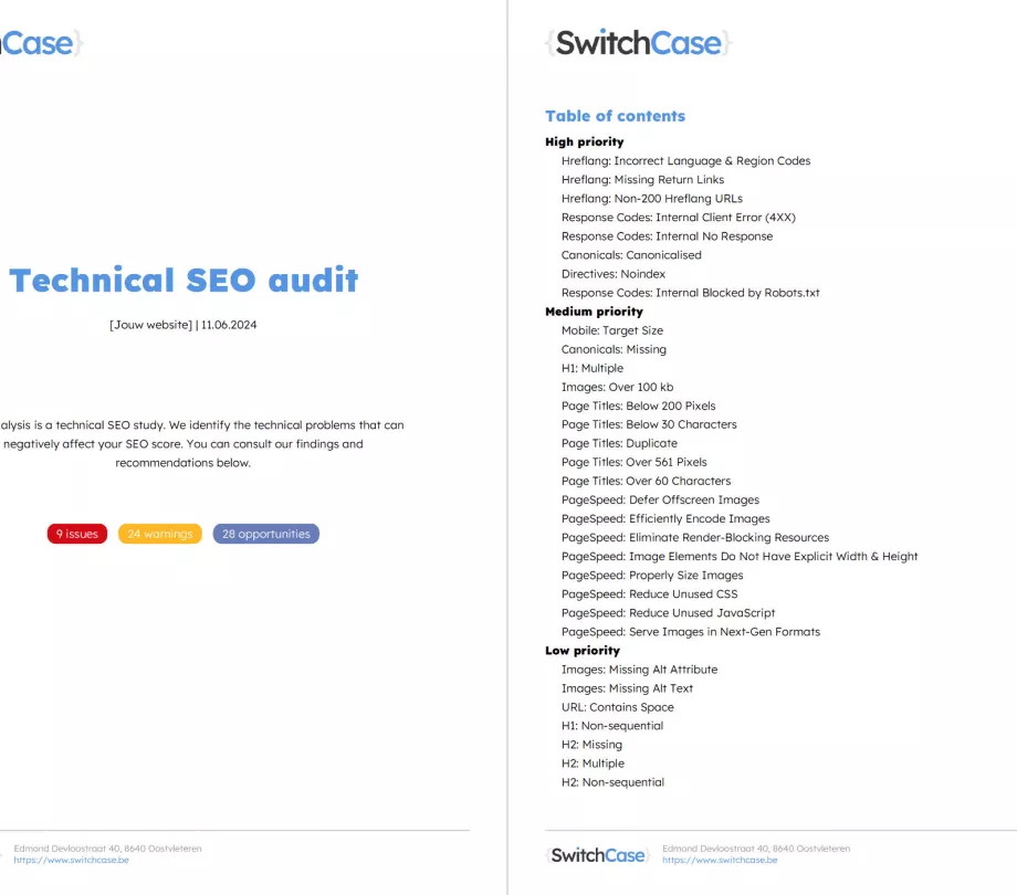 Technische SEO audit front page